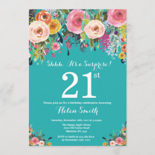 Teal Floral Surprise 21st Birthday Invitation