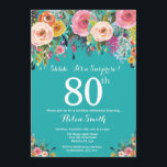 Teal Floral Surprise 80th Birthday Invitation<br><div class="desc">Teal Floral Surprise 80th Birthday Invitation for Women. Watercolor Floral Flower. Teal Aqua Turquoise Background. Pink, Yellow, Orange, Purple Flower. Adult Birthday. 13th 15th 16th 18th 20th 21st 30th 40th 50th 60th 70th 80th 90th 100th, Any Ages. For further customization, please click the "Customize it" button and use our design...</div>