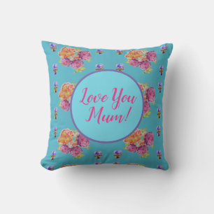 Teal Floral Watercolour Love You Mum Cushion