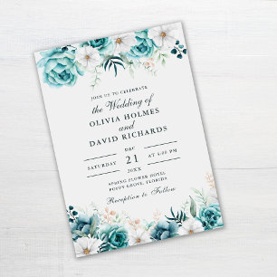 Teal Floral Wedding Invitation   Botanical