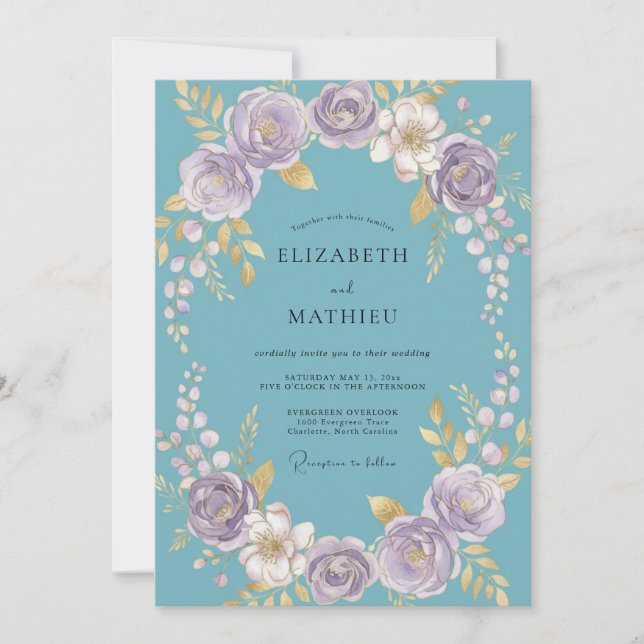 Teal Floral Wreath Wedding Invitation (Front)