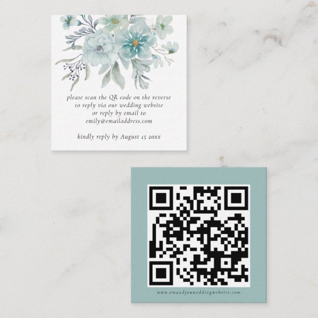 Teal Florals QR Code Wedding RSVP Enclosure  Card (Front/Back)