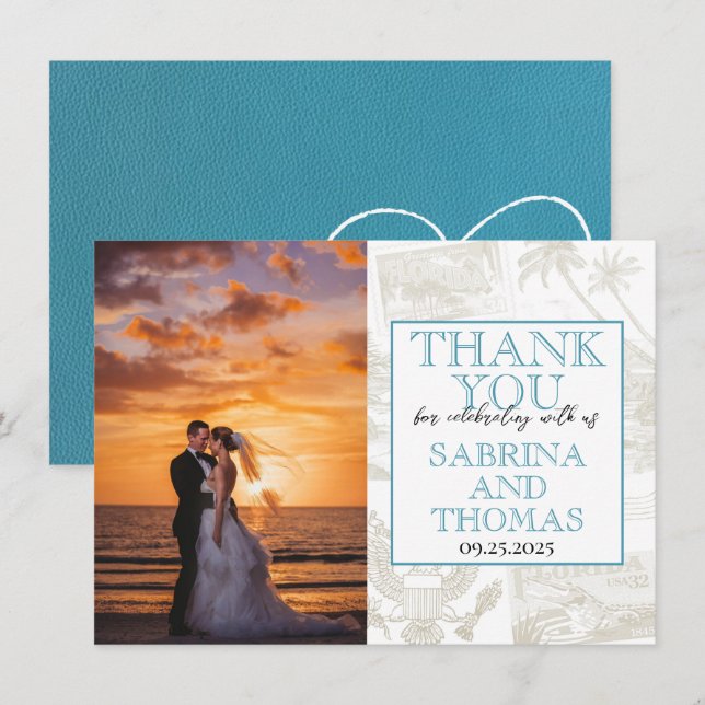 Teal Florida Wedding Photo Thank You Card (Front/Back)