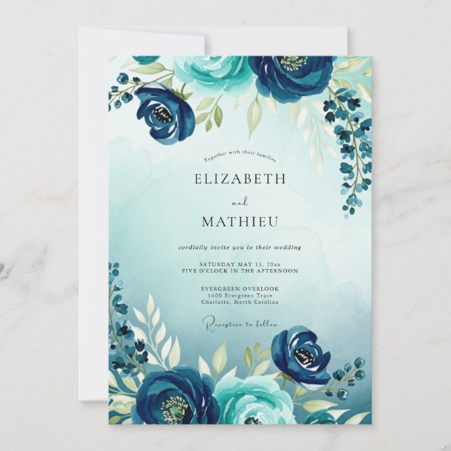 Teal Flourishing Watercolor Wedding Invitation (Front)