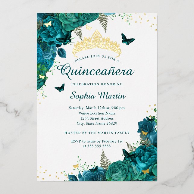 Teal Flower Butterfly Elegant Quinceanera  (Front)