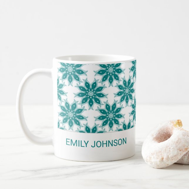 Teal flowers custom name white coffee mug (With Donut)