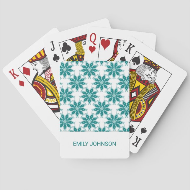 Teal flowers custom name white playing cards (Back)