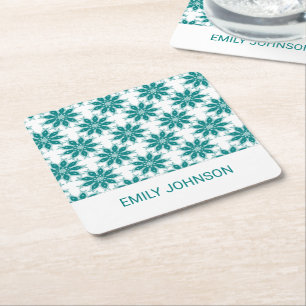 Teal flowers custom name white square paper coaster