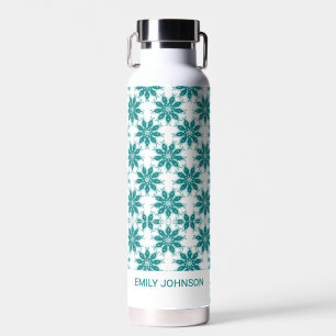 Teal flowers custom name white water bottle