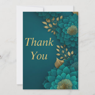 Teal Flowers Gold Leaves Dark Teal Thank You Card