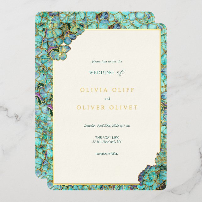 Teal Flowers Wedding Invitation (Front/Back)