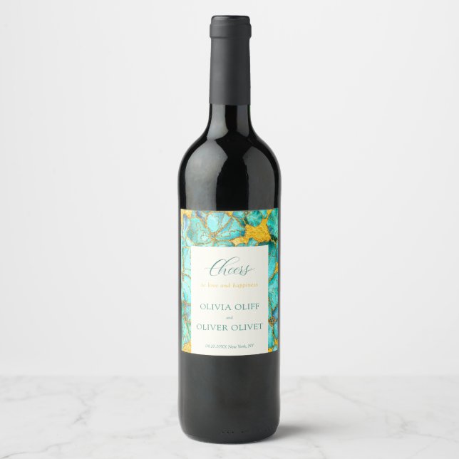 Teal Flowers Wedding  Wine Label (Front)