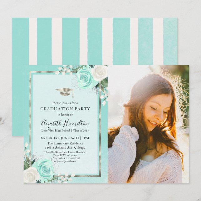 Teal & Foil Silver Floral Graduation Party Photo Invitation (Front/Back)