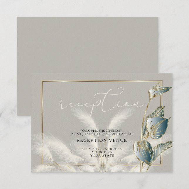 Teal Foliage Gold Ivory Pampas Grass Reception Invitation (Front/Back)