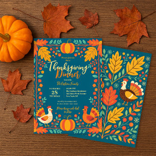 Teal Folk Art Turkey Thanksgiving Potluck Dinner Invitation