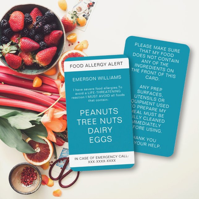 Teal Food Allergy Alert Personalized Chef Card (Creator Uploaded)