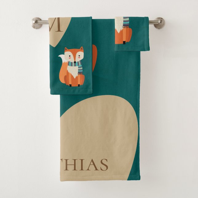 Teal Fox Woodland Animal Autumn Monogram Bath Towel Set (Insitu)