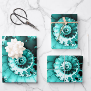 Teal Fractal Spiral Wrapping Paper Sheet