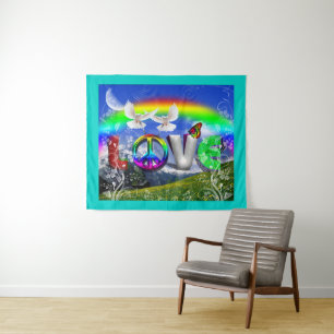 Teal Frame Peace and Love Art Tapestry