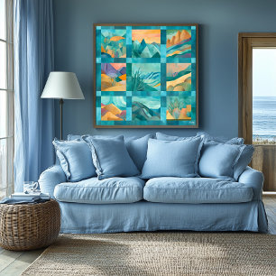 Teal Framed Abstract Desert Art Grid – Geometric  Poster