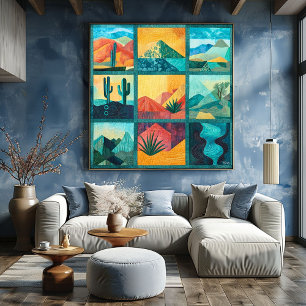 Teal Framed Desert Art Grid – Colourful Geometric  Poster