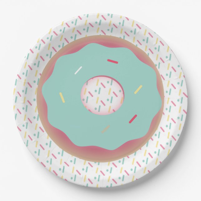 Teal Frosted Doughnut and Sprinkles Paper Plate (Front)