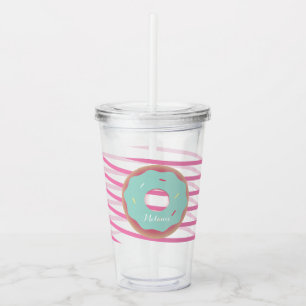 Teal Frosted Doughnut Ribbon Stripes Monogram Acrylic Tumbler