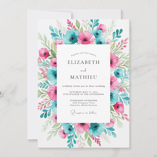 Teal Fuchsia Lively Spring Wedding Invitation (Front)