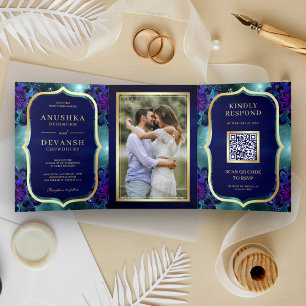 Teal Galaxy Blue Mandala QR Code Indian Wedding Tri-Fold Invitation