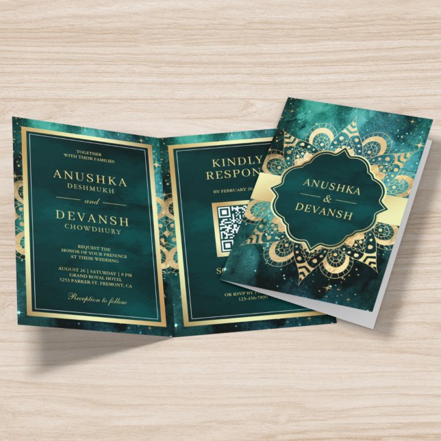 Teal Galaxy Gold Mandala QR Code Indian Wedding Invitation (Creator Uploaded)