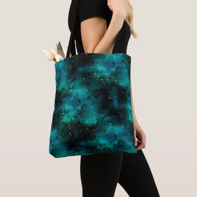 Teal Galaxy Series Design 1 Tote Bag (Close Up)