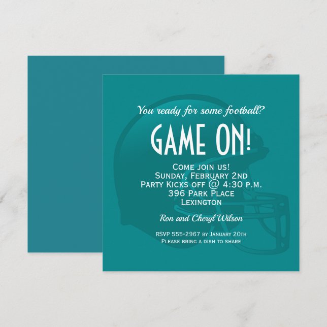 Teal Game Day Football Helmet Party Invitations (Front/Back)