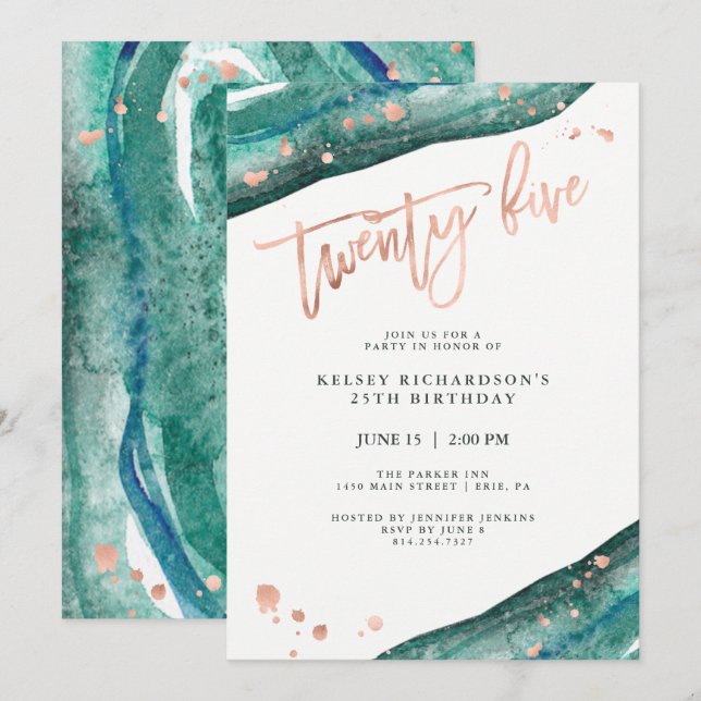 Teal Geode and Faux Rose Gold Look | 25th Birthday Invitation (Front/Back)