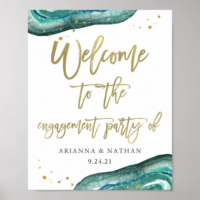 Teal Geode and Gold Engagement Party Welcome Poster (Front)