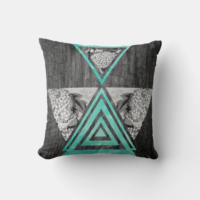 Teal geometric floral wood throw pillow (Front)