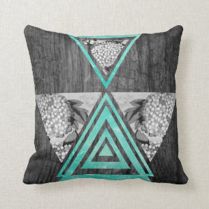 Teal geometric floral wood throw pillow