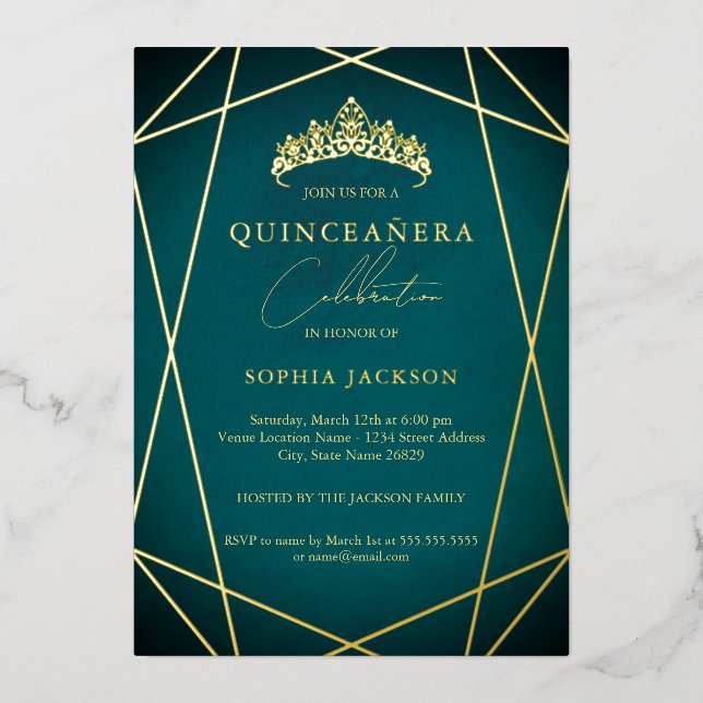 Teal Geometric Gold Elegant Quinceanera (Front)