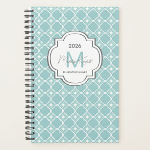 Teal Geometric Pattern Custom Monogram Name Planner