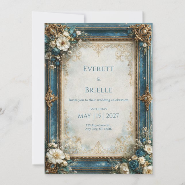 Teal Gilded Floral Wedding Invitation (Front)