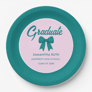 Teal Gingham Bow Graduation Party Paper Plate