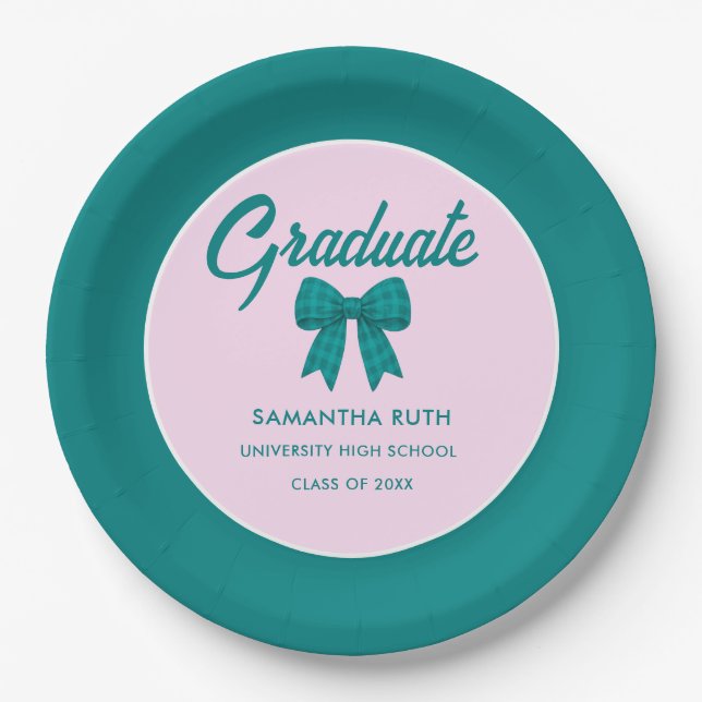 Teal Gingham Bow Graduation Party Paper Plate (Front)