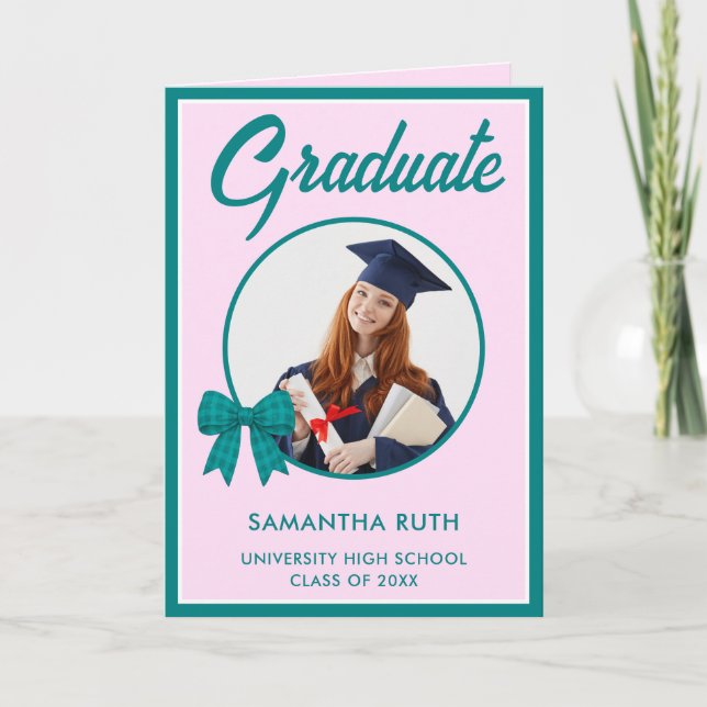 Teal Gingham Bow Photo Graduation  Card (Front)