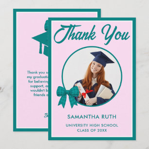Teal Gingham Bow Photo Graduation Thank You Card