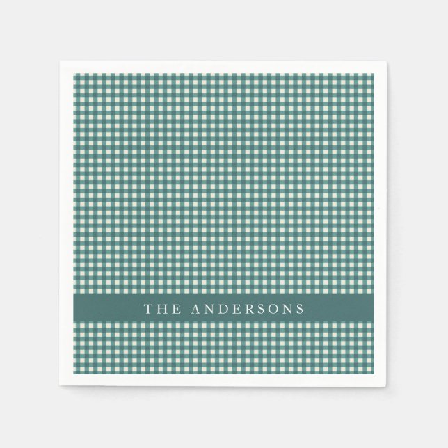 Teal Gingham Custom Family Name Entertaining Napkin (Front)