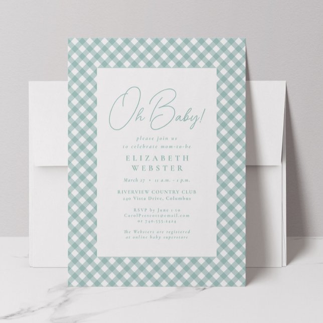 Teal gingham cute simple neutral baby shower invitation (Creator Uploaded)
