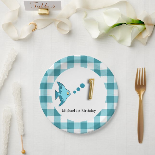 Teal Gingham Gold Foil Balloon Fish 1st Birthday  Paper Plate (Wedding)