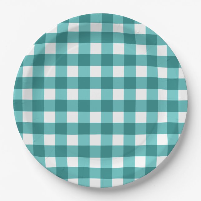 Teal gingham paper plate (Front)