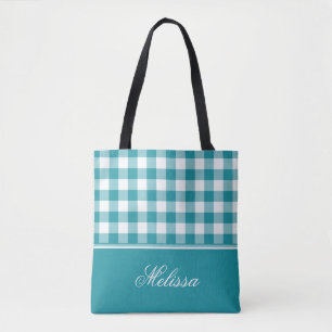 Teal Gingham Personalized Tote Bag