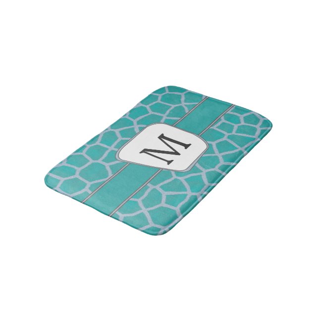 Teal Giraffe Print Custom Monogram Bath Mat (Angled)