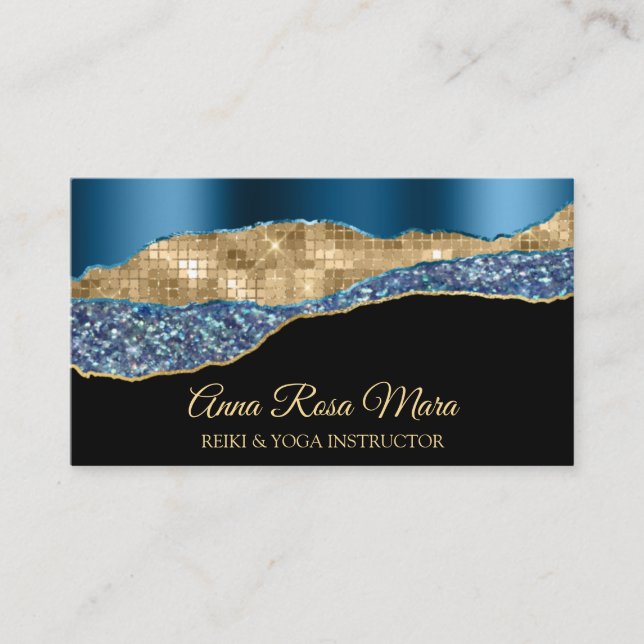 *~* Teal Glam Agate Geode Gold Glitter Black QR Business Card (Front)